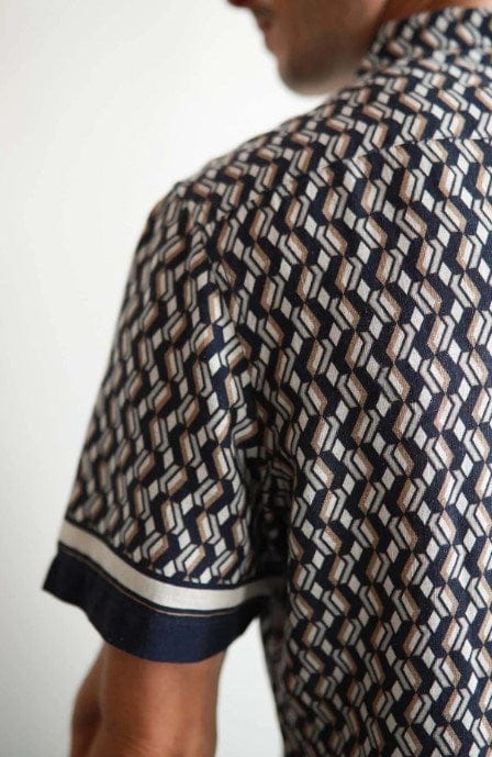 Load image into Gallery viewer, James Harper Mens Malt Cannes Border Cuban Collar Linen Shirt
