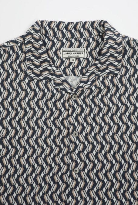Load image into Gallery viewer, James Harper Mens Malt Cannes Border Cuban Collar Linen Shirt
