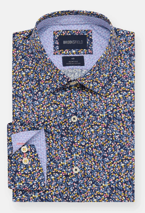 Load image into Gallery viewer, Brooksfield Mens Luxe Print Slim Fit Business Plus Size Shirt - Navy Multi
