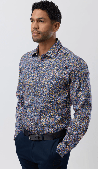 Brooksfield Mens Luxe Print Slim Fit Business Plus Size Shirt - Navy Multi