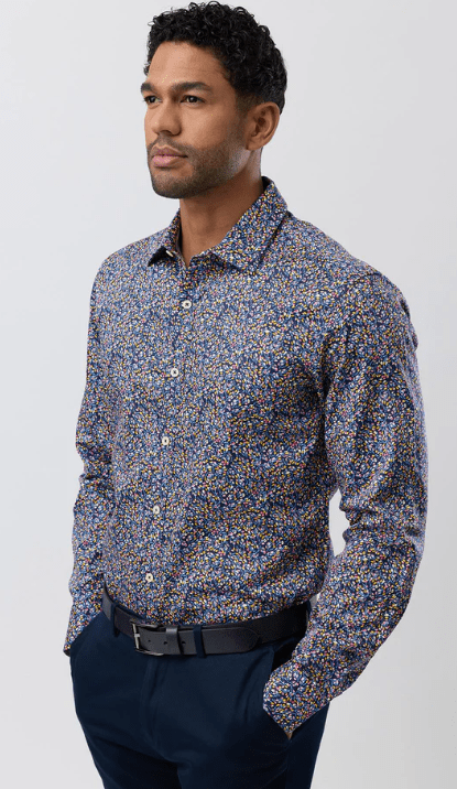 Brooksfield Mens Luxe Print Slim Fit Business Plus Size Shirt - Navy Multi