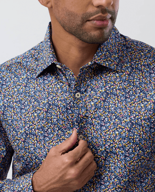 Brooksfield Mens Luxe Print Slim Fit Busines Shirt - Navy Multi