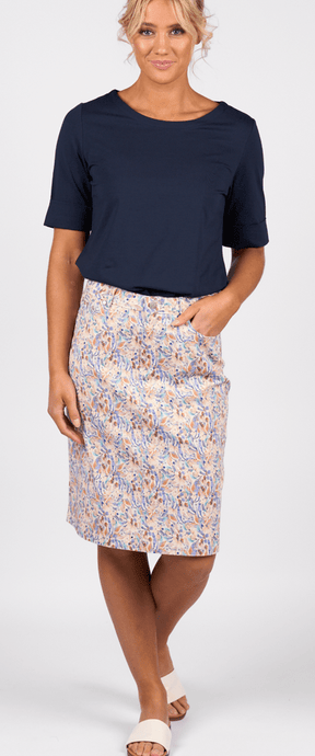 Vassalli Womens Printed Denim Skirt With Back Vent Skirt- Amalfi