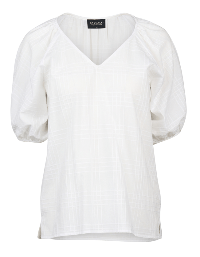 Load image into Gallery viewer, Vassalli Womens Plain V Neck Top With Floaty Sleeve Tops- White Check
