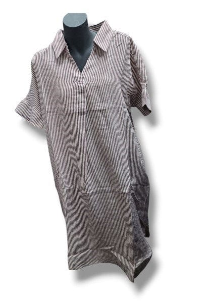 Corfu Womens Linen Yard Dyed Stripe Coffee Parchment Dress