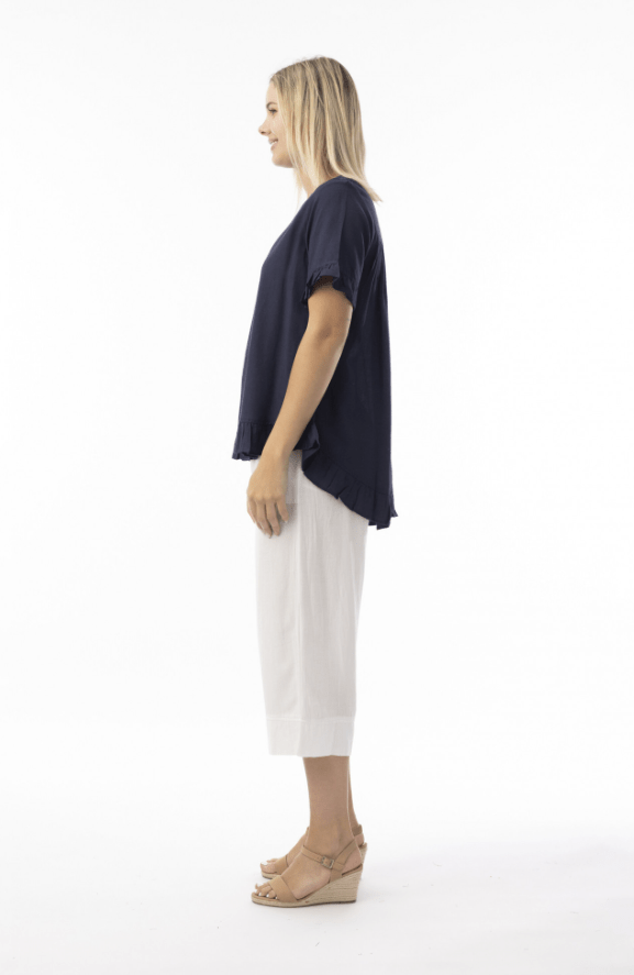 Load image into Gallery viewer, Orientique Womens Linen Essentials Top Frill - Navy
