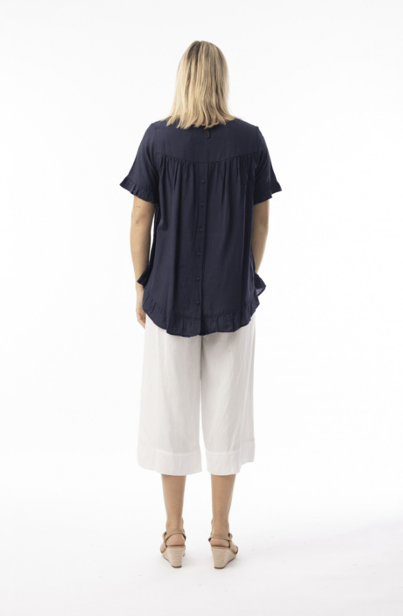 Load image into Gallery viewer, Orientique Womens Linen Essentials Top Frill - Navy
