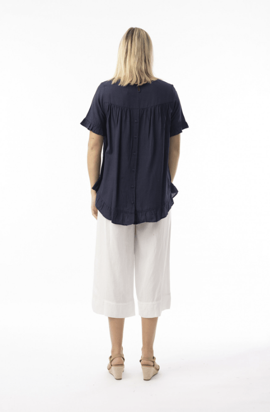Orientique Womens Linen Essentials Top Frill - Navy