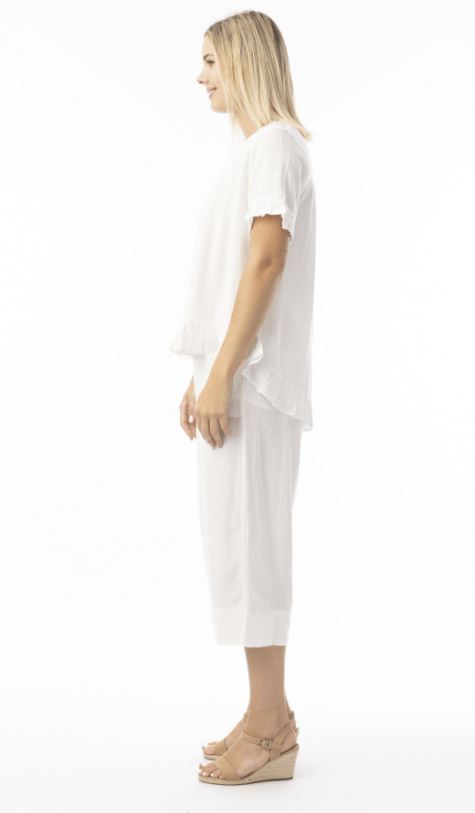 Orientique Womens Linen Essentials Top Frill - White