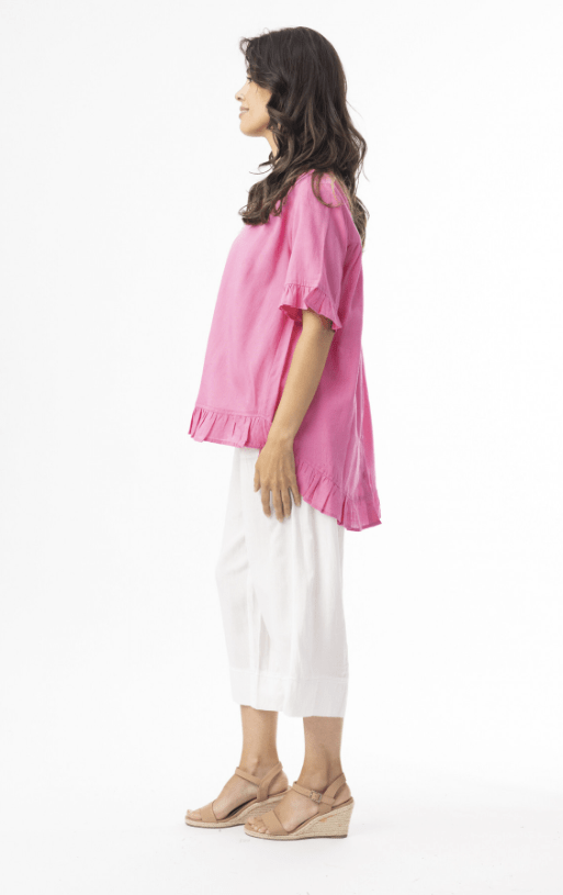 Orientique Womens Linen Essentials Top Frill - Hot Pink