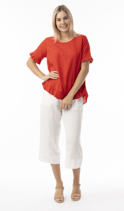 Orientique Womens Linen Essentials Top Frill - Red
