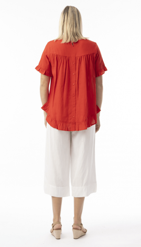 Load image into Gallery viewer, Orientique Womens Linen Essentials Top Frill - Red
