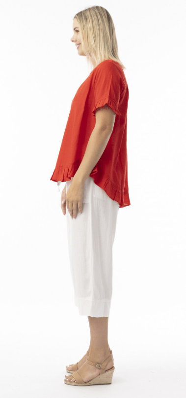 Orientique Womens Linen Essentials Top Frill - Red