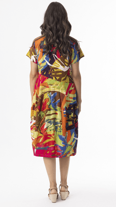 Orientique Womens Printed Cotton Bubble Short Sleeve Dress - Leaves Red