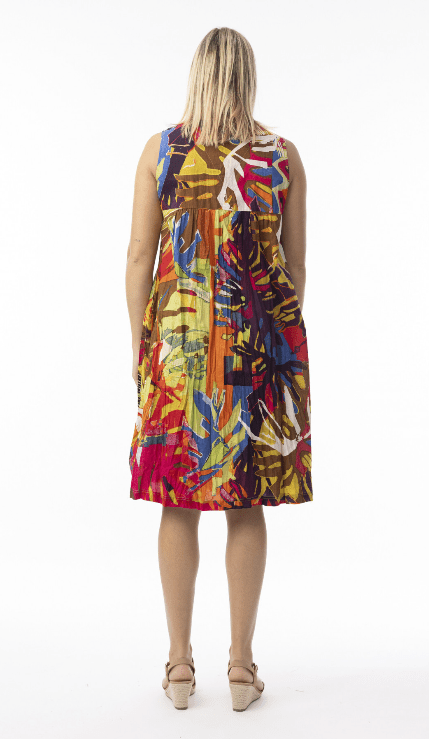 Orientique Womens Printed Cotton V neck Pleated Dress - Leaves Red