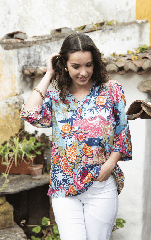 Orientique Womens Ikebana Frill Neckline Top