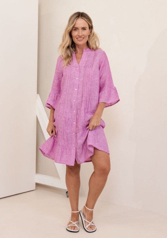 Load image into Gallery viewer, See Saw Womens Linen 3/4 Sleeve Pleated Tiered Dress
