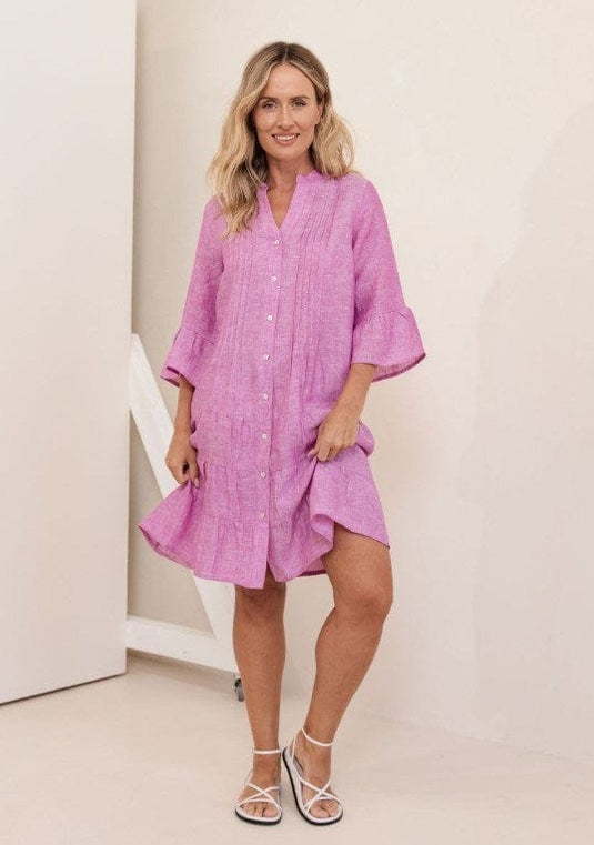 See Saw Womens Linen 3/4 Sleeve Pleated Tiered Dress