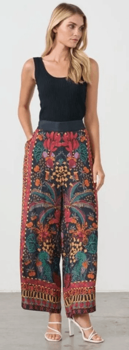 Holmes & Fallon Womens Tropical Print Elastic Waist Pant - Black