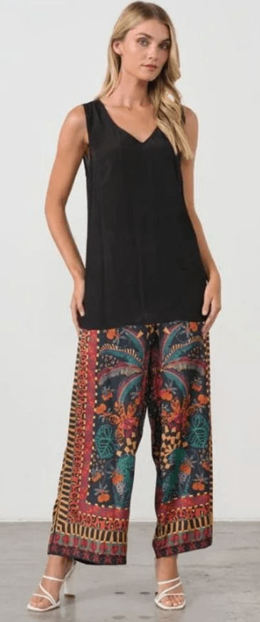 Holmes & Fallon Womens Tropical Print Elastic Waist Pant - Black