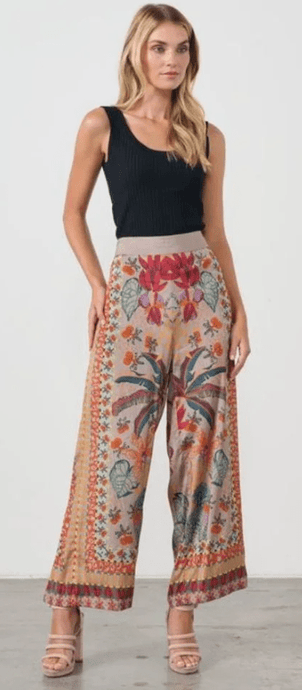 Holmes & Fallon Womens Tropical Print Elastic Waist Pant - Mushroom