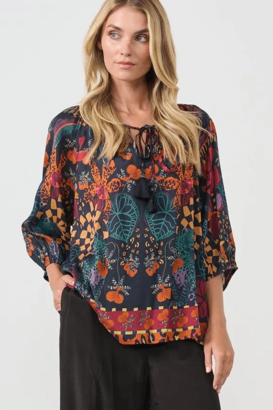 Load image into Gallery viewer, Holmes &amp; Fallon Womens Tie Neck Blouse - Tropical Print
