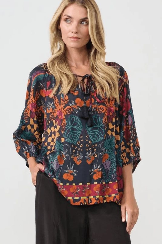 Holmes & Fallon Womens Tie Neck Blouse - Tropical Print