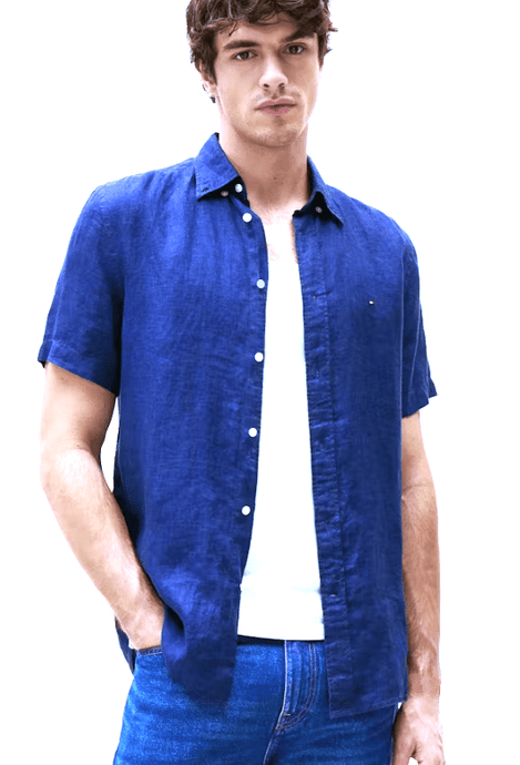 Tommy Hilfiger Mens Pigment Dyed Linen Short Sleeve Regular Fit Shirt - Blue Orbit
