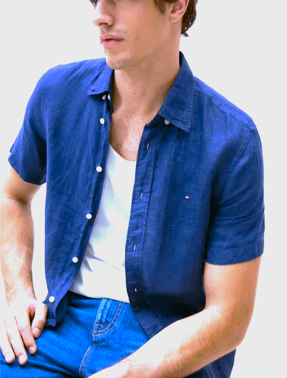 Load image into Gallery viewer, Tommy Hilfiger Mens Pigment Dyed Linen Short Sleeve Regular Fit Shirt - Blue Orbit
