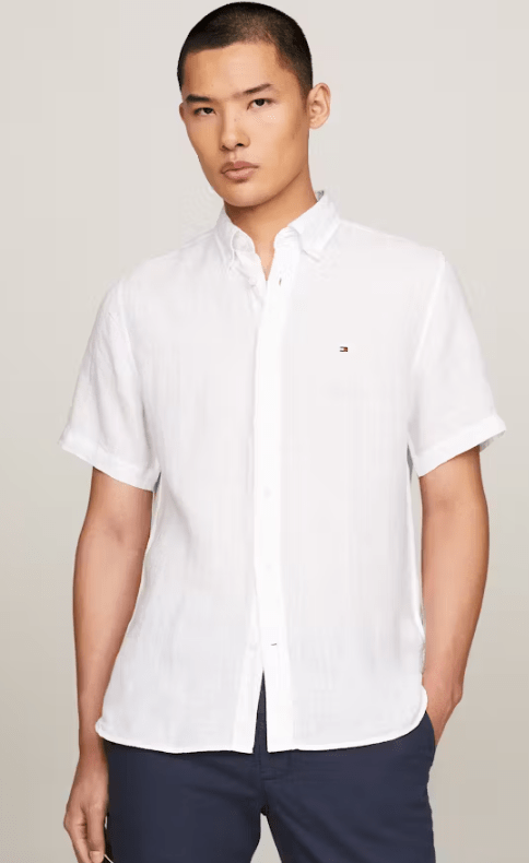 Tommy Hilfiger Mens Pigment Dyed Linen Short Sleeve Regular Fit Shirt - White