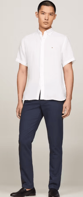 Tommy Hilfiger Mens Pigment Dyed Linen Short Sleeve Regular Fit Shirt - White