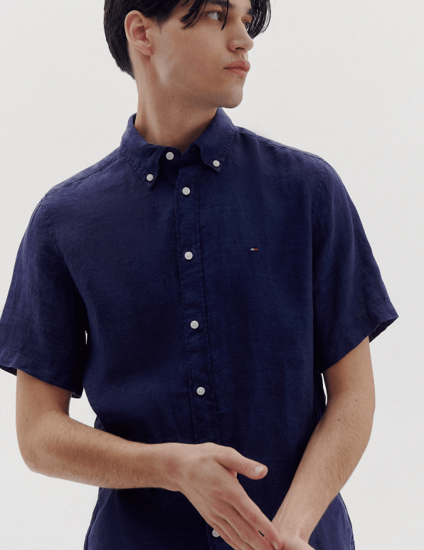 Load image into Gallery viewer, Tommy Hilfiger Mens Linen Short Sleeve Regular Fit Shirt - Desert Sky
