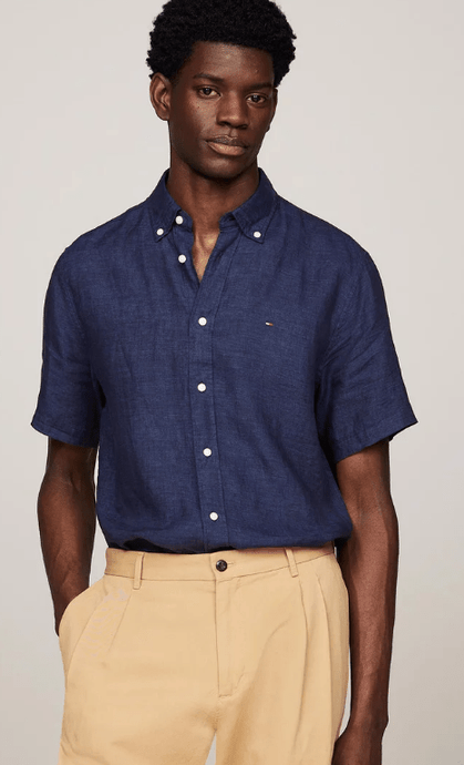 Tommy Hilfiger Mens Linen Short Sleeve Regular Fit Shirt - Desert Sky