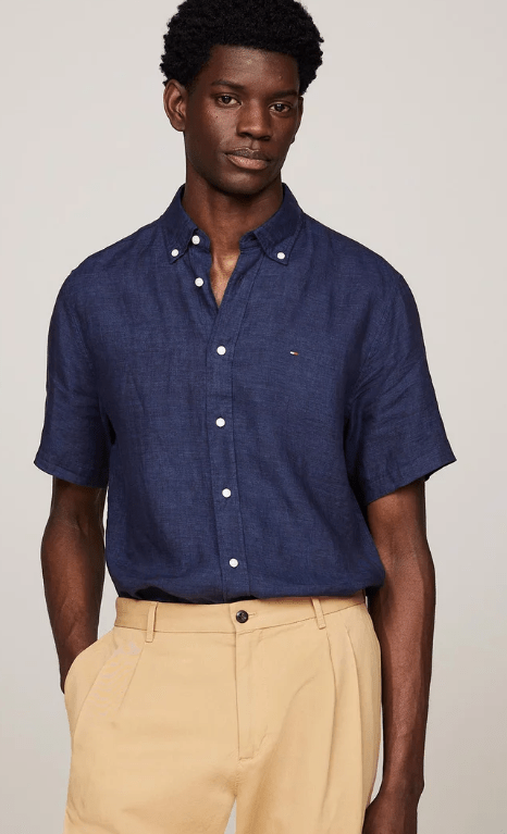 Tommy Hilfiger Mens Linen Short Sleeve Regular Fit Shirt - Desert Sky