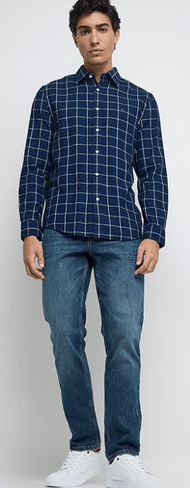 Tommy Hilfiger Mens Twill Checkered Long Sleeve Regular Fit Shirt - Dark Blue