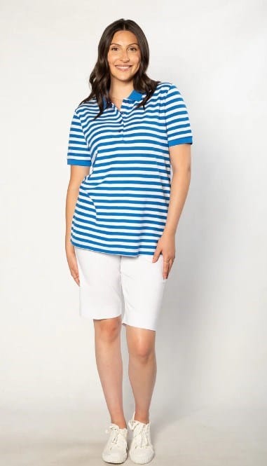 Equinox Womens Short Sleeve Cotton Piquet Stripe Polo - Blue/White