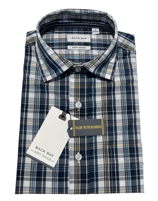 Back Bay Mens Oversize Bamboo Polyester Soft Touch Short Sleeve Shirt - White Check