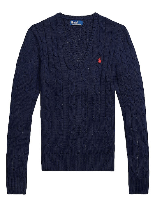 Ralph Lauren Womens Cable Knit V-Neck Cotton Sweater - Blue