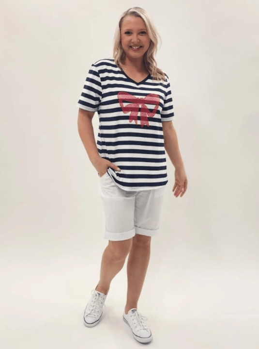 Threadz Womens Red Bow Stripe Tee