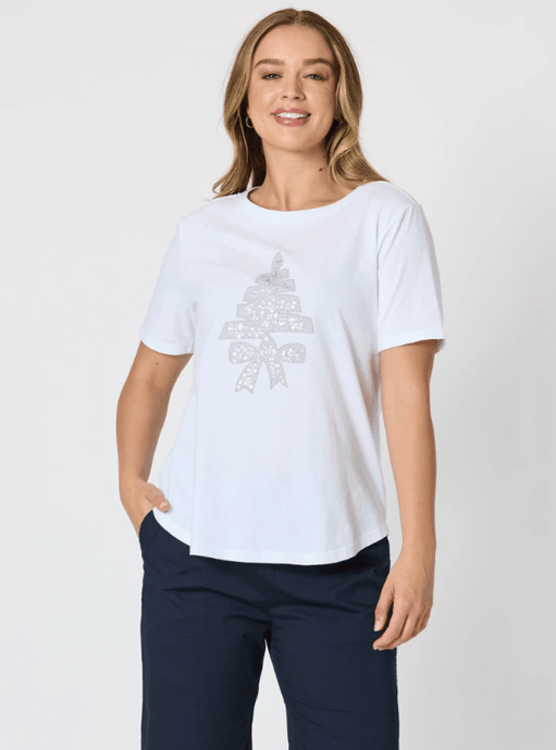 Threadz Womens Sequin Xmas Tree Tee - White/Silver