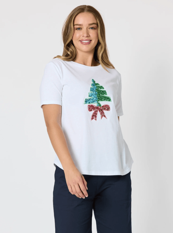 Load image into Gallery viewer, Threadz Womens Sequin Xmas Tree Tee - White/Multi
