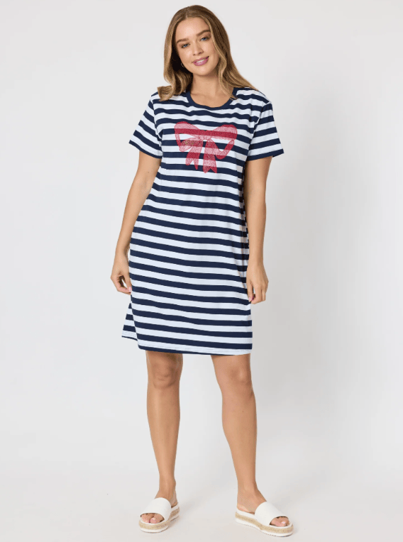 Load image into Gallery viewer, Threadz Womens Red Bow Stripe Dress
