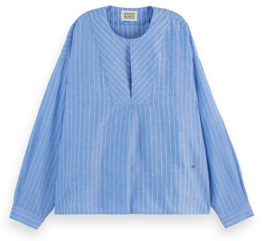 Scotch & Soda Womens Cotton Linen Bib Long Sleeve Shirt - Blue