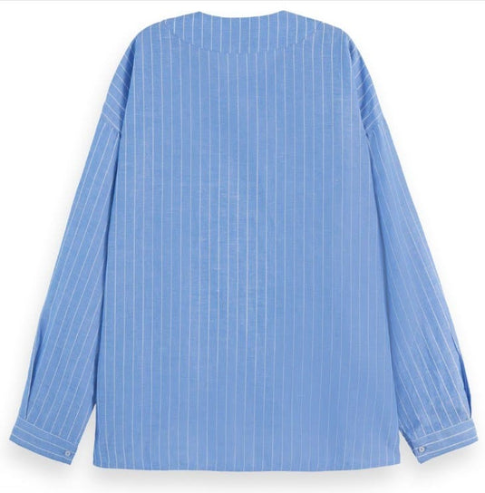 Scotch & Soda Womens Cotton Linen Bib Long Sleeve Shirt - Blue