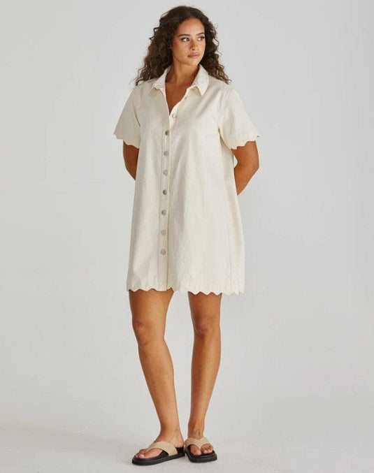 Sass Womens Vale Scalloped Denim Dress - Parchment White
