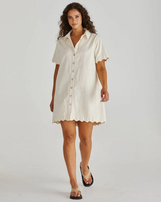 Sass Womens Vale Scalloped Denim Dress - Parchment White