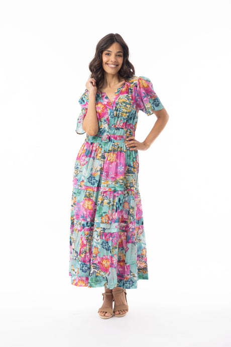 Orientique Womens Selaron Dress Maxi Layers Short Sleeve