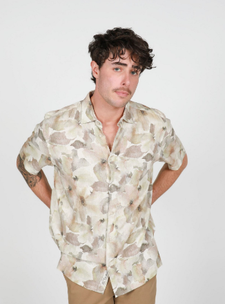 Load image into Gallery viewer, James Harper Mens Short Sleeve Floral Print Linen Blend Shirt Natural
