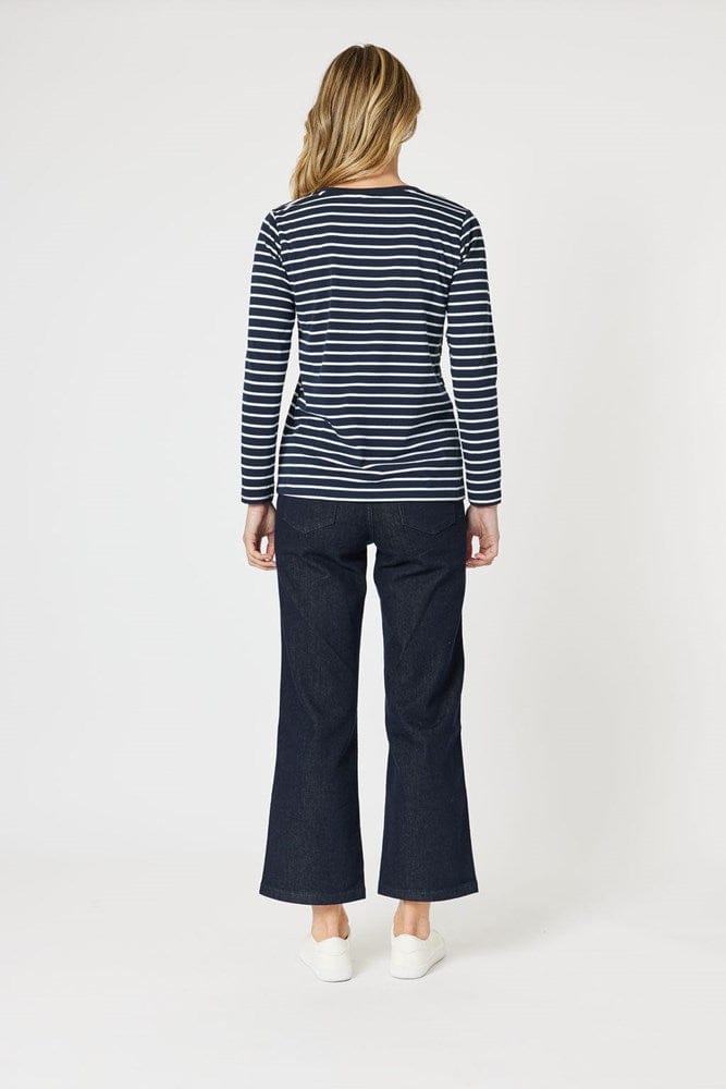 Load image into Gallery viewer, Gordon Smith Womens Stripe Badge Long Sleeve Tee - Navy/White
