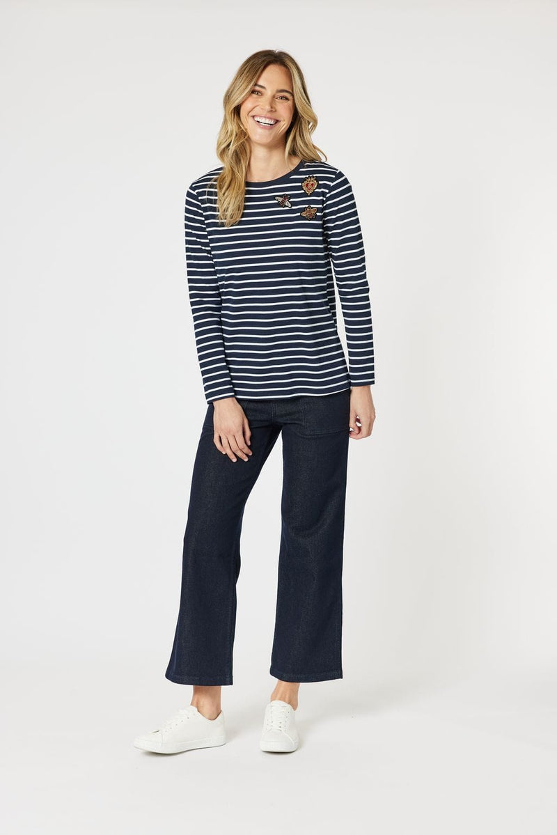 Load image into Gallery viewer, Gordon Smith Womens Stripe Badge Long Sleeve Tee - Navy/White
